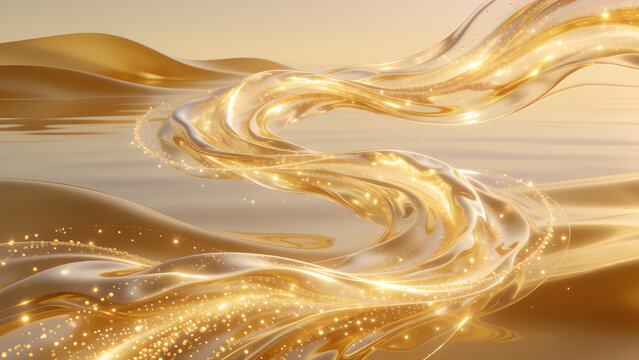 Abstract background featuring elegant flowing golden waves with sparkling particles and soft lighting effects.