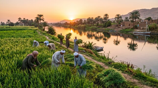 Farmers harvesting green wheat crops with sickles along the Nile river bank in Egypt at golden sunset