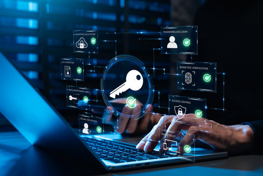 Passkey cybersecurity authentication protects digital identity. User accesses encrypted cloud data, passwordless login, biometric verification, device trust, access control, secure encryption network