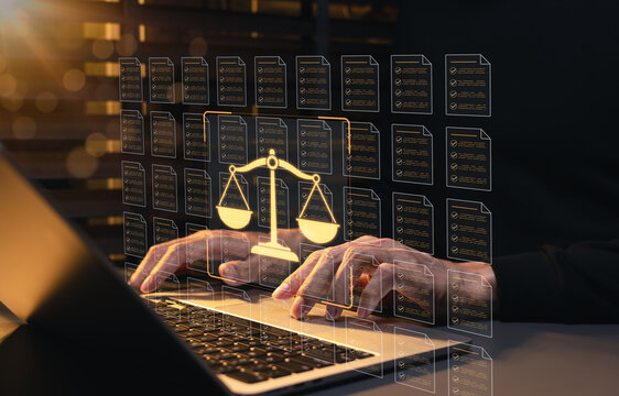 Legal compliance document review uses digital checklists and balanced justice scales. law firm works on laptop for contract auditing, regulatory analysis, risk management, and secure legal workflow.