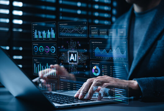 AI data analytics and business intelligence dashboard helps analyze revenue, sales performance, market share, customer growth, and global statistics for data driven strategy, forecasting and decisions