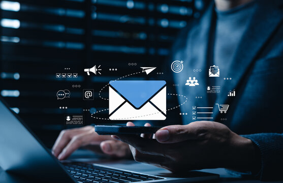 Email marketing communication connects person using smartphone and laptop with digital message, audience, targeting, campaign, analytics, e-commerce icon for customer engagement and business outreach.