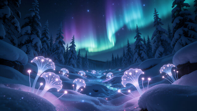 Magical glowing mushrooms in a snowy forest under the vibrant northern lights at night.