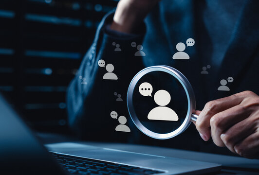 Sentiment analysis concept. Magnifying glass over user feedback icons, opinion mining, customer insights, review analysis, satisfaction monitoring, audience perception and voice of customer evaluation