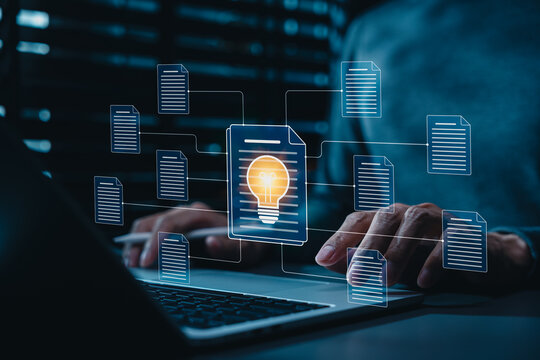 Knowledge management and document insight concept showing connected digital files, central idea document, light bulb innovation, content organization, research workflow, smart knowledge system