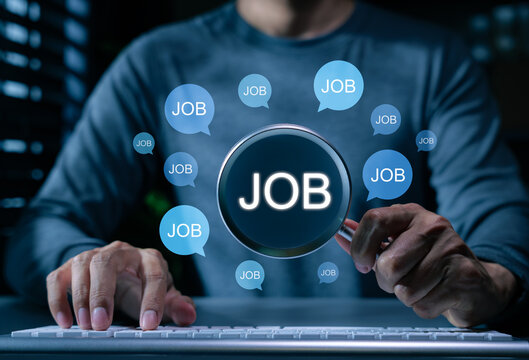 Job search and recruitment concept shows job seeker using computer and magnifying glass to explore employment opportunities, career vacancies, hiring options, workforce demand, online talent discovery