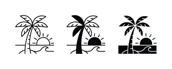 Tropical Beach Icons: Palm Tree, Sunset, Ocean Wave, Vector Graphics for Summer Vacation and Travel Themes © Rohoman