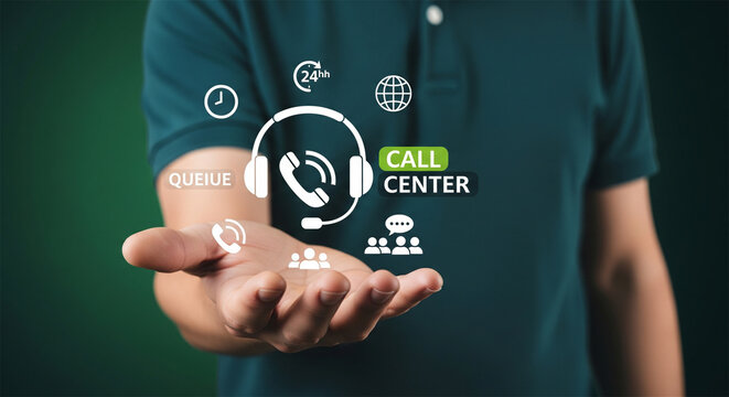 Call center customer service concept, businessman holding virtual support icons, helpline and telemarketing assistance