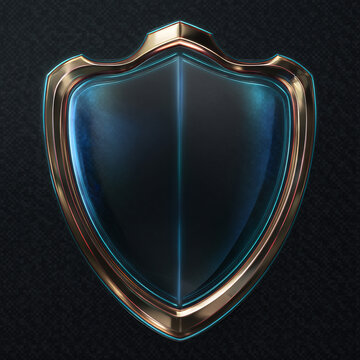 Golden shield emblem with blue glass and metallic border for security
