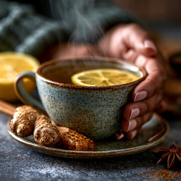 Close-up of hands holding a warm textured ceramic mug of ginger lemon tea with beverage, wellness