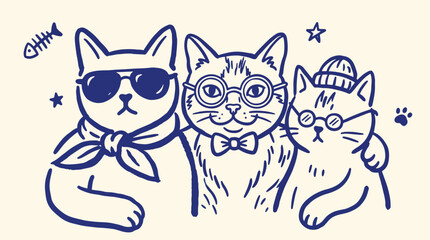 Fototapeta premium Three stylish cats doodle hand drawn illustration