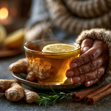 Person holding a cup of ginger lemon tea with cinnamon sticks and rosemary cinnamon rosemary