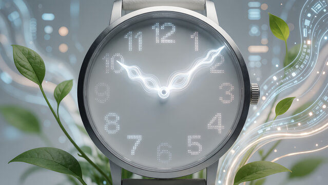 Conceptual image of a wristwatch with glowing hands surrounded by green leaves and digital energy.