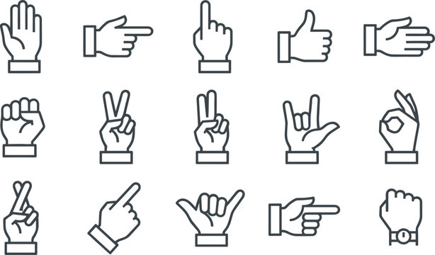Hand Gesture and Finger Counting Line Icon Set Featuring Thumb Up Victory Rock On Crossed Fingers and Watch Wrist Symbols for Mobile Application UI Designs
