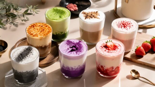 Colorful assorted drinks in glass cups on a stylish table  