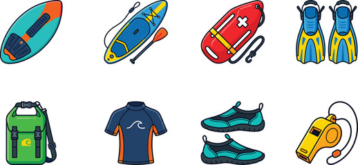 Water Sports Equipment Flat Icon Set with Paddle Board Surf Gear and Safety Accessories © Sabbir