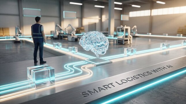 Worker observing artificial intelligence brain hologram display in smart logistics warehouse with futuristic warehouse