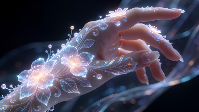 A delicate human hand adorned with glowing ethereal floral patterns and luminous light particles.
