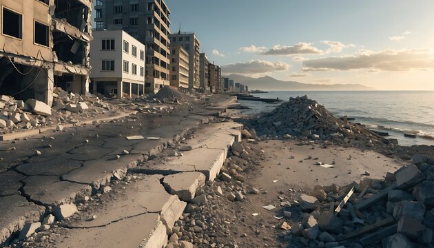 Coastal city buildings destroyed by severe earthquake damage near ocean