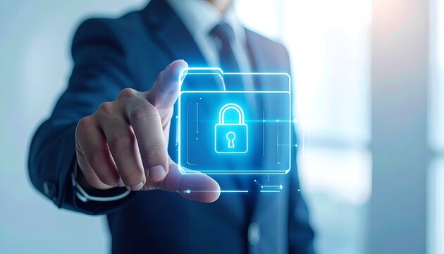 Business professional selecting a holographic locked folder, representing confidential documents, enterprise cybersecurity, encrypted storage, and secure information access.