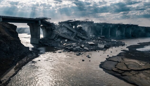Damaged bridge structure partially collapsed over river water