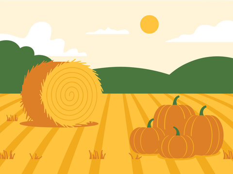 Haystack and orange pumpkins sit within a tranquil autumn harvest field under the yellow sun.