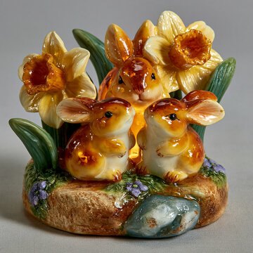 Ceramic figurine of small bunnies surrounded by blooming yellow daffodil flowers with daffodil