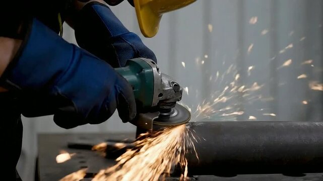 Skilled Tradesperson Grinding Metal with Power Tool Sparks Flying in an Industrial Workshop Environment