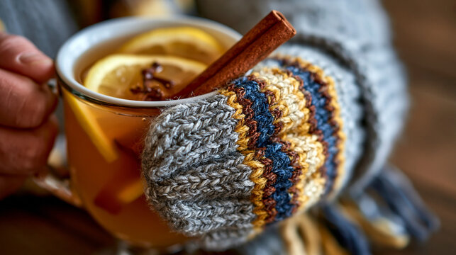 Warm spiced mulled drink held in hands wearing cozy knitted wool gloves with cinnamon, seasonal
