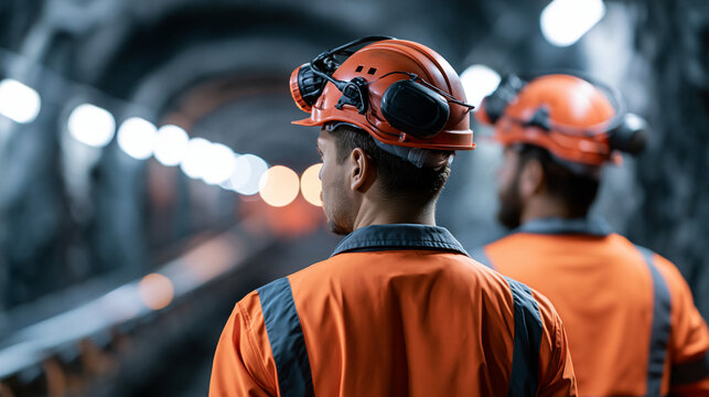 Rear view of european workers in helmets with headlamps working inside a bright coal mining gallery clean conveyor structure and tidy supports along pale rock walls under even