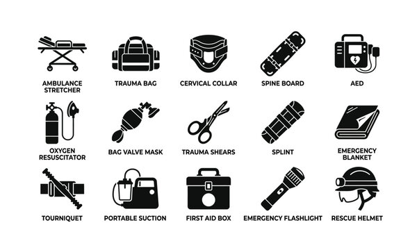 Medical emergency equipment icons in a clean vector style for healthcare concepts