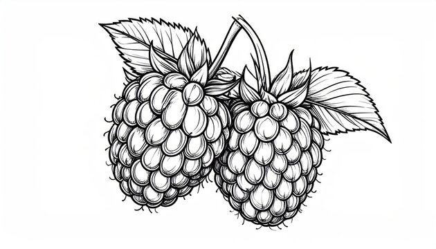 Line art illustration of a pair of raspberries.