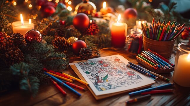 Holiday arts and crafts setup with coloring materials and festive decorations on a wooden table