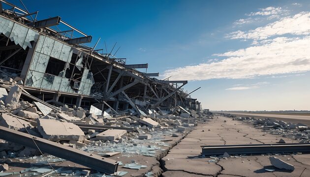 Destroyed building structure with extensive damage and debris scattered around