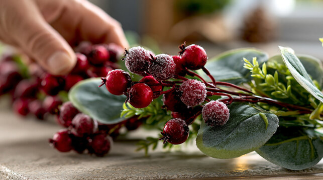 Hands arranging artificial frosted red berry branches for holiday decor with artificial, seasonal