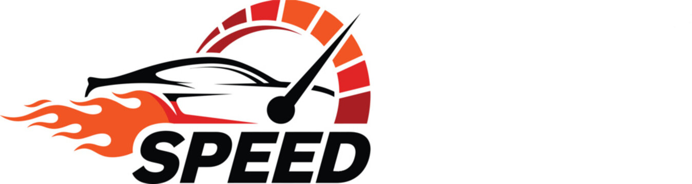Speedometer sports car logo with fire flame, fast racing automotive tuning icon vector illustration