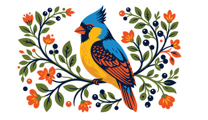 Folk art vector illustration of a blue jay songbird perched on a branch surrounded by a symmetric frame of orange flowers, dark berries, and leaves in a rustic linocut block print style © GraphicGalaxy