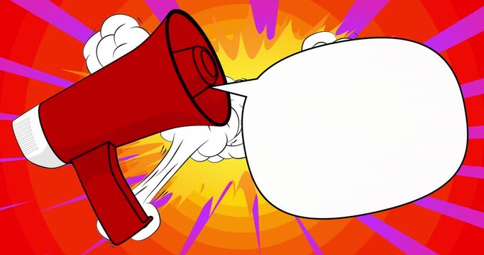 Cartoon Megaphone with blank speech bubble, comic book announcement, attention concept video. Retro comics pop art animation.