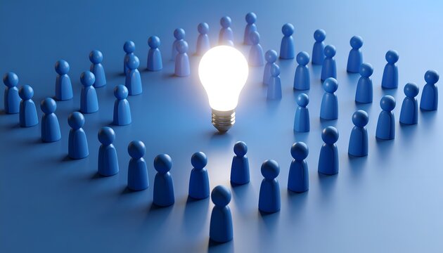 People surrounding a glowing light bulb, symbolizing leadership, teamwork, innovation, collaboration, creative thinking, and shared inspiration.