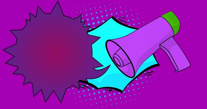 Cartoon Megaphone with blank speech bubble, comic book announcement, attention concept video. Retro comics pop art animation.