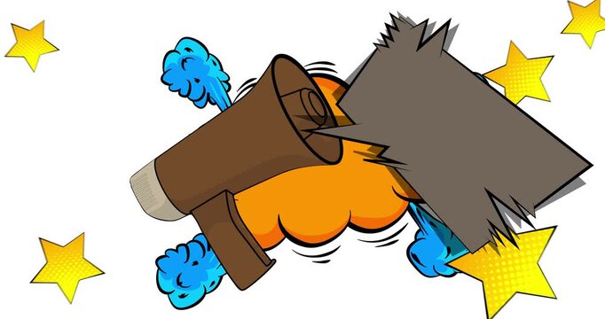 Cartoon Megaphone with blank speech bubble, comic book announcement, attention concept video. Retro comics pop art animation.