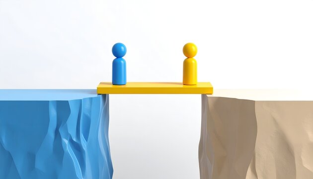Minimal abstract figures meeting on a bridge between cliffs, symbolizing unity, teamwork, mutual understanding, diplomacy, and strategic collaboration.