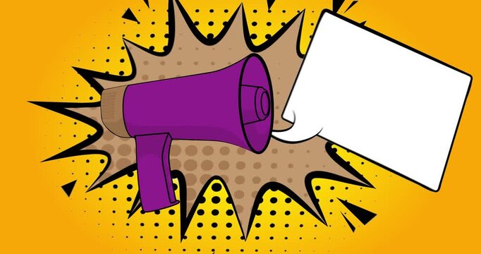 Cartoon Megaphone with blank speech bubble, comic book announcement, attention concept video. Retro comics pop art animation.