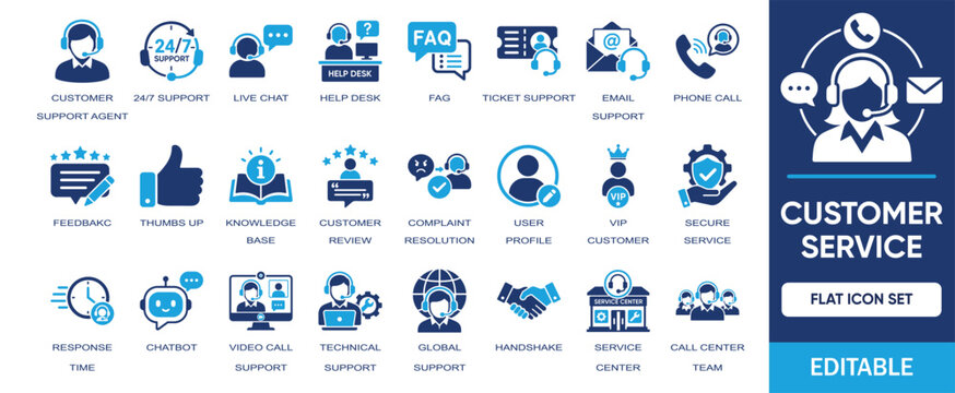Customer Service editable solid icon set. Includes symbol by support agent, live chat, help desk, phone call, feedback, review, chatbot, technical support, video call and more vector icons collection.