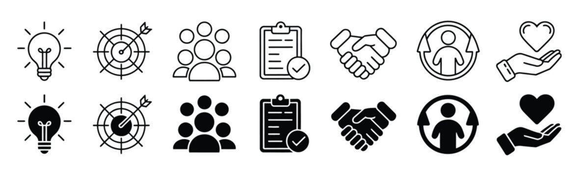 Core value icon set, business principle and company culture symbols representing integrity