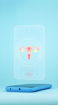 Doctor using mobile app interface on smartphone for uterus diagnosis, innovative medical technology for early detection of cervical cancer and uterine lesions. Light blue background.