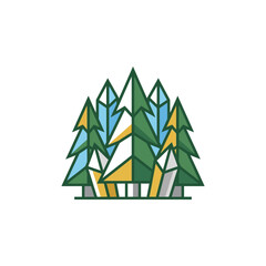 Obraz premium Pine trees are depicted in a stylized geometric design featuring sharp angular lines and a clean color palette for modern graphic use.