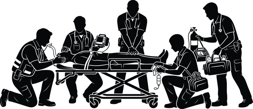 Black silhouette vector illustration of emergency medical team providing patient care with resuscitation equipment