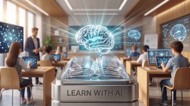 Artificial intelligence learning concept with holographic brain and book in modern classroom with above book labeled