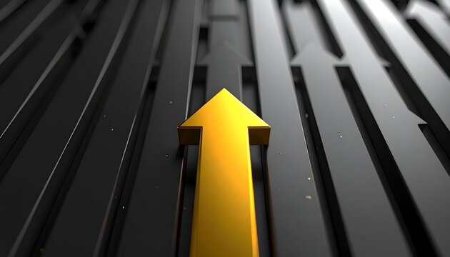 Close-up of a golden upward arrow leading parallel dark arrows, illustrating progress, ambition, achievement, investment growth, and positive business trends.
